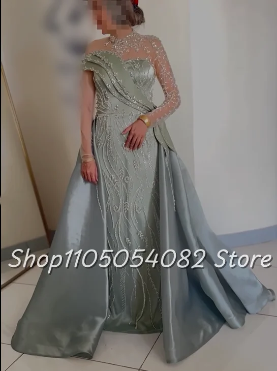 Blue Gorgeous Sparkling High Neck Wedding Dress Arabian Long Sleeve Beaded Studded Ruffled Trailing Floor Length Bridal Wedding