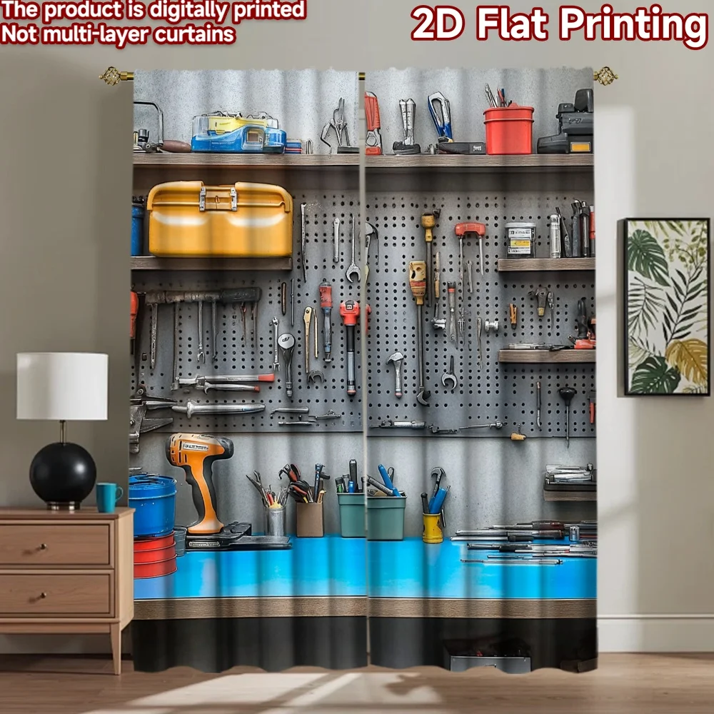 2D flat 2pcs Curtain Country Style Workshop Tool Bench Wall Durable polyester fiber Party Decorations for Holiday Portraits and