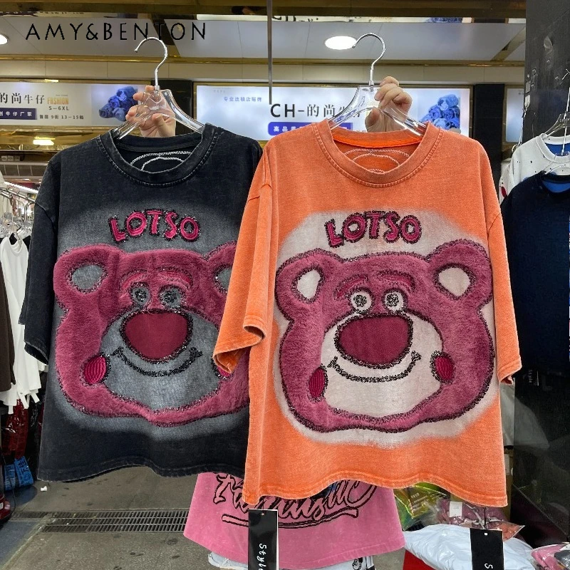 

2025 Autumn New European Style Heavy Industry Half Sleeves Cartoon Y2k T-shirt Kawaii Clothes 2 Colors Available Sweet Cute Tees