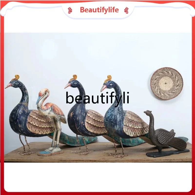 Peacock flamingo ornament wood carving collection ornament home jewelry