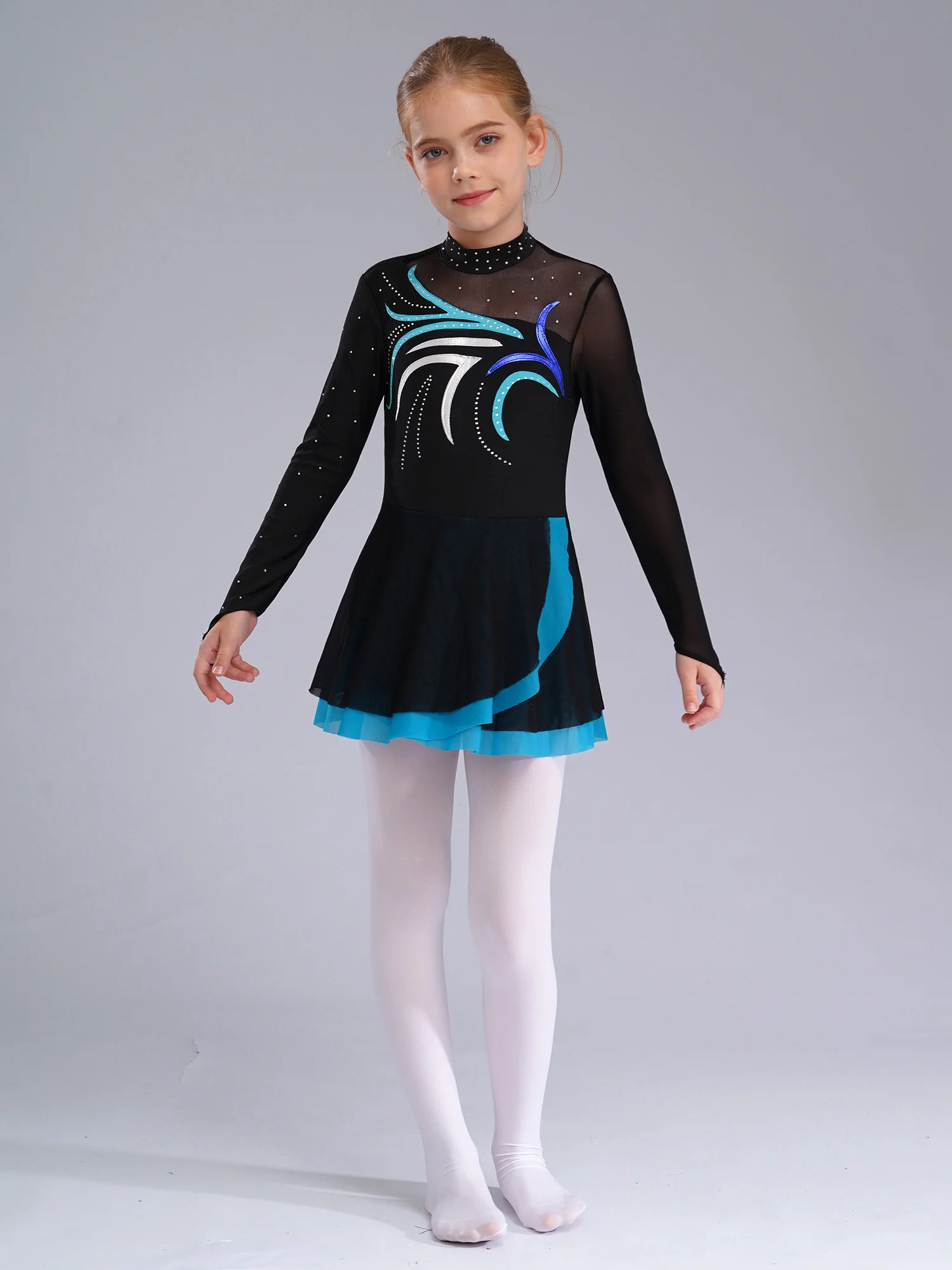 

Kids Girls Sheer Mesh Ballet Dress Roller Figure Skating Dance Dress Gymnastics Leotard with Skirt Stage Performance Costume