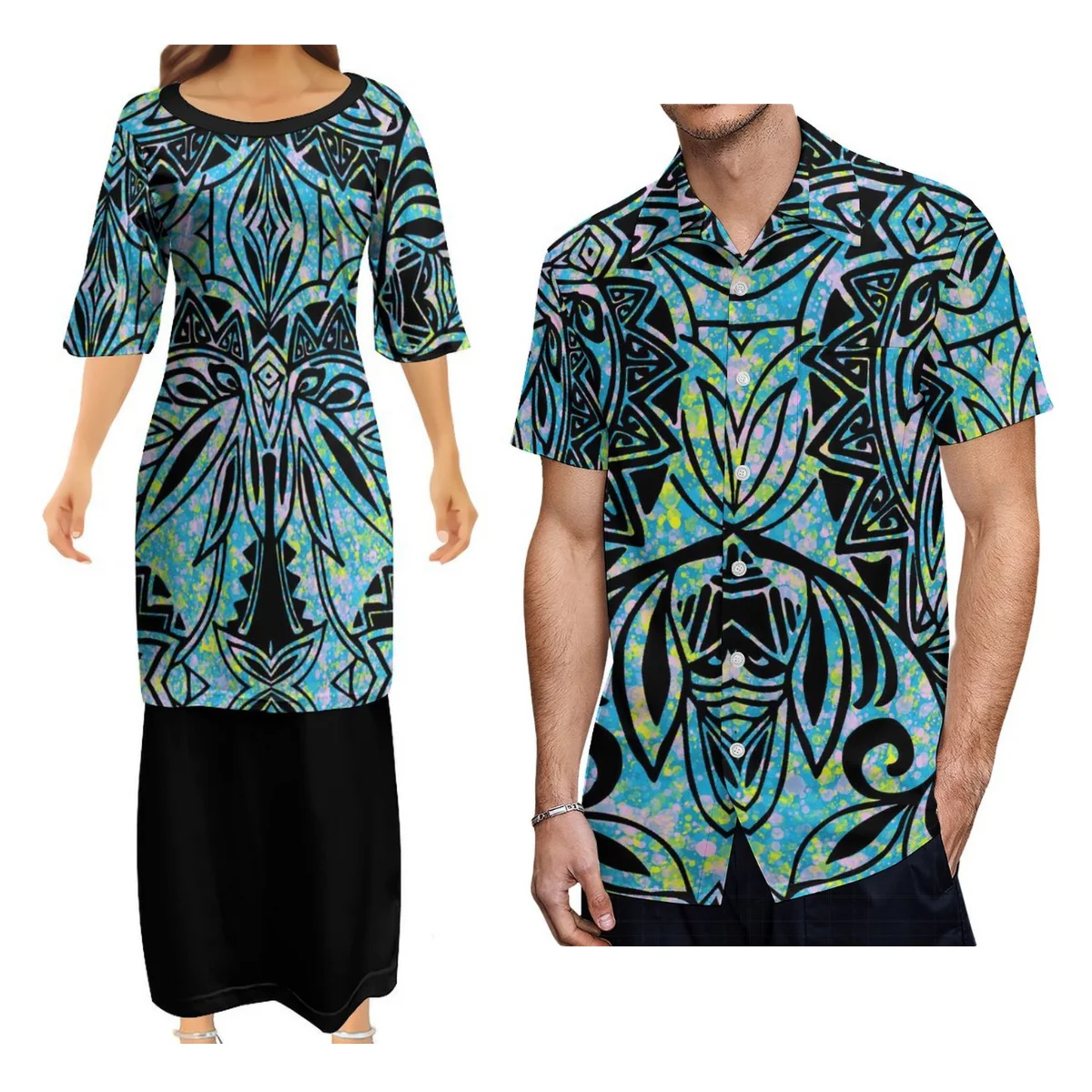 Women'S V-Neck Dress Puletasi Top And Skirt With Men'S Short-Sleeved Shirt Polynesian Tribe Design Couple Wear