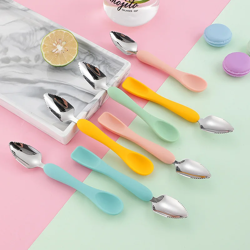 Children's Silicone Double Headed Soft Spoon Stainless Steel Scraper Fruit Scoop Baby Feeding Utensil Baby Things Gadgets