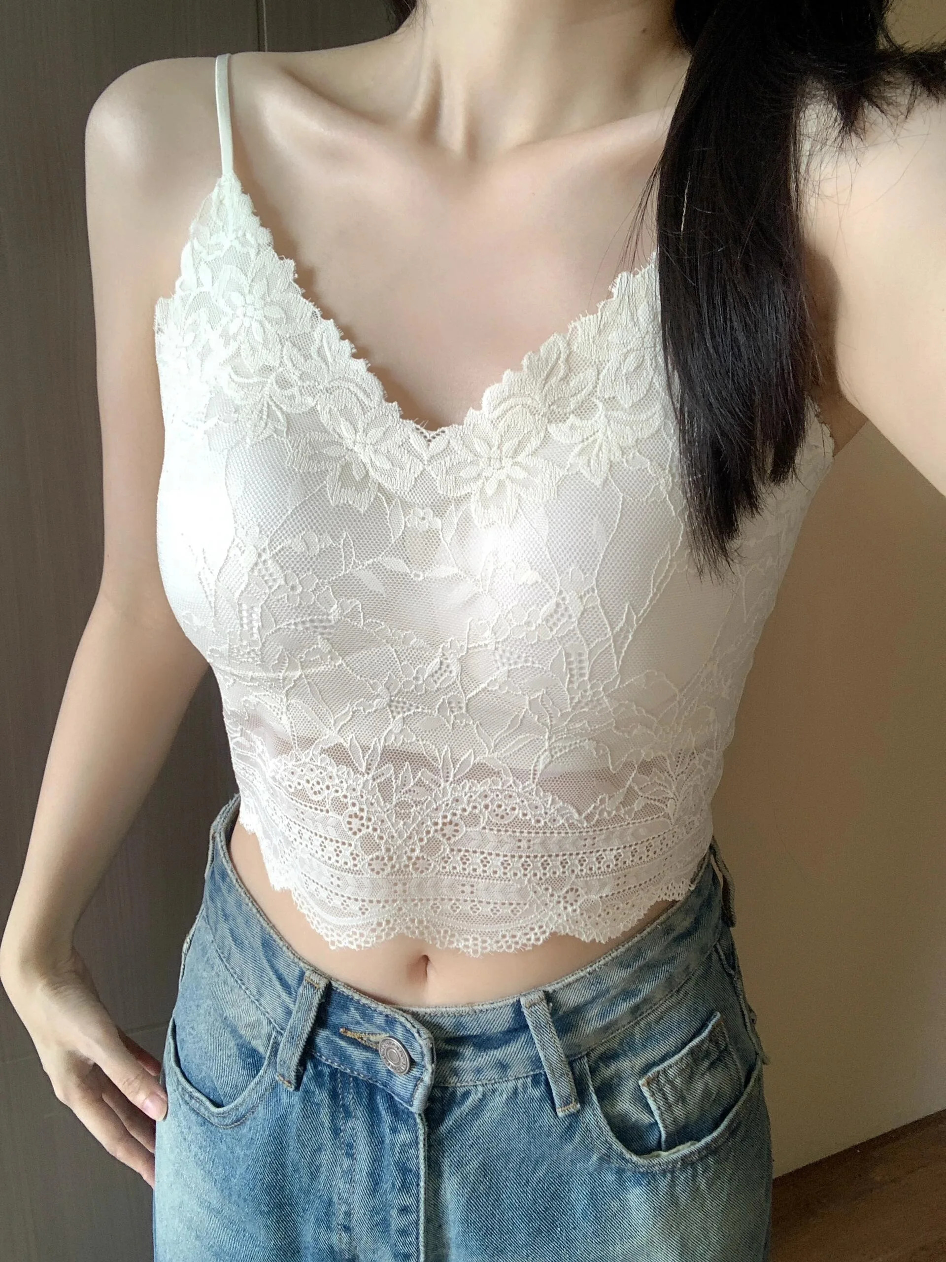 Canottiera estiva da donna sexy in pizzo Bal Brtte Top V-Ne Strapl con imbottitura sul petto per capispalla e stratificazione