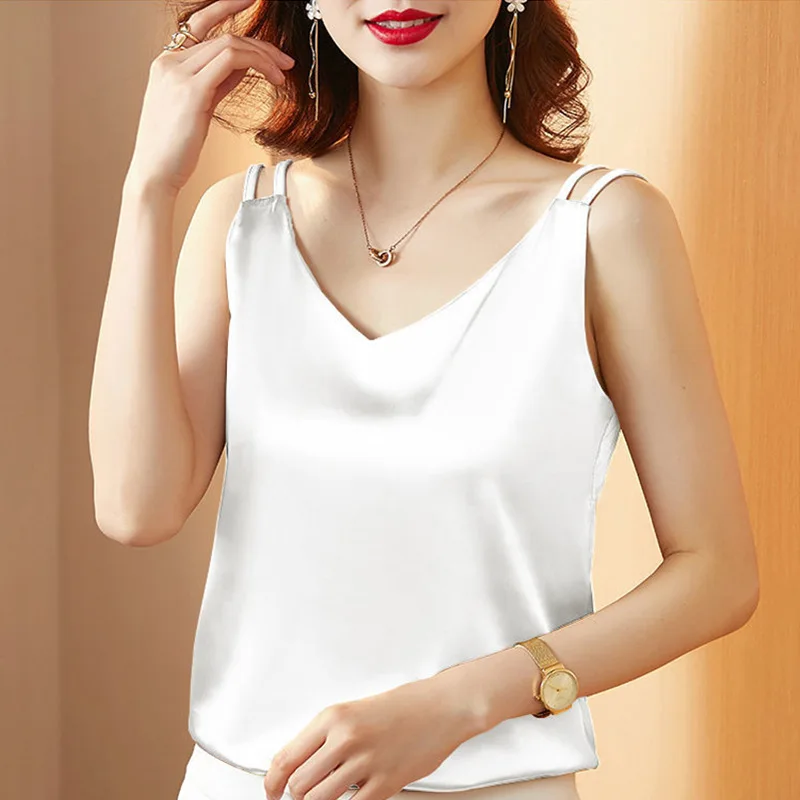 Sexy V-neck Suspender Women Camisoles Imitation Silk Sling Satin Vest Summer Large Sleeveless Tops Versatile For External Wear