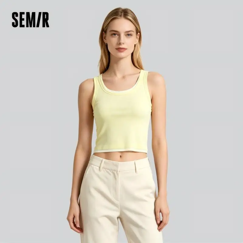 Semir Damen Sexy Rundhals ärmelloses Top 2025, Sommer, neuer Farbblock, gefälschte zweiteilige Slim-Fit
