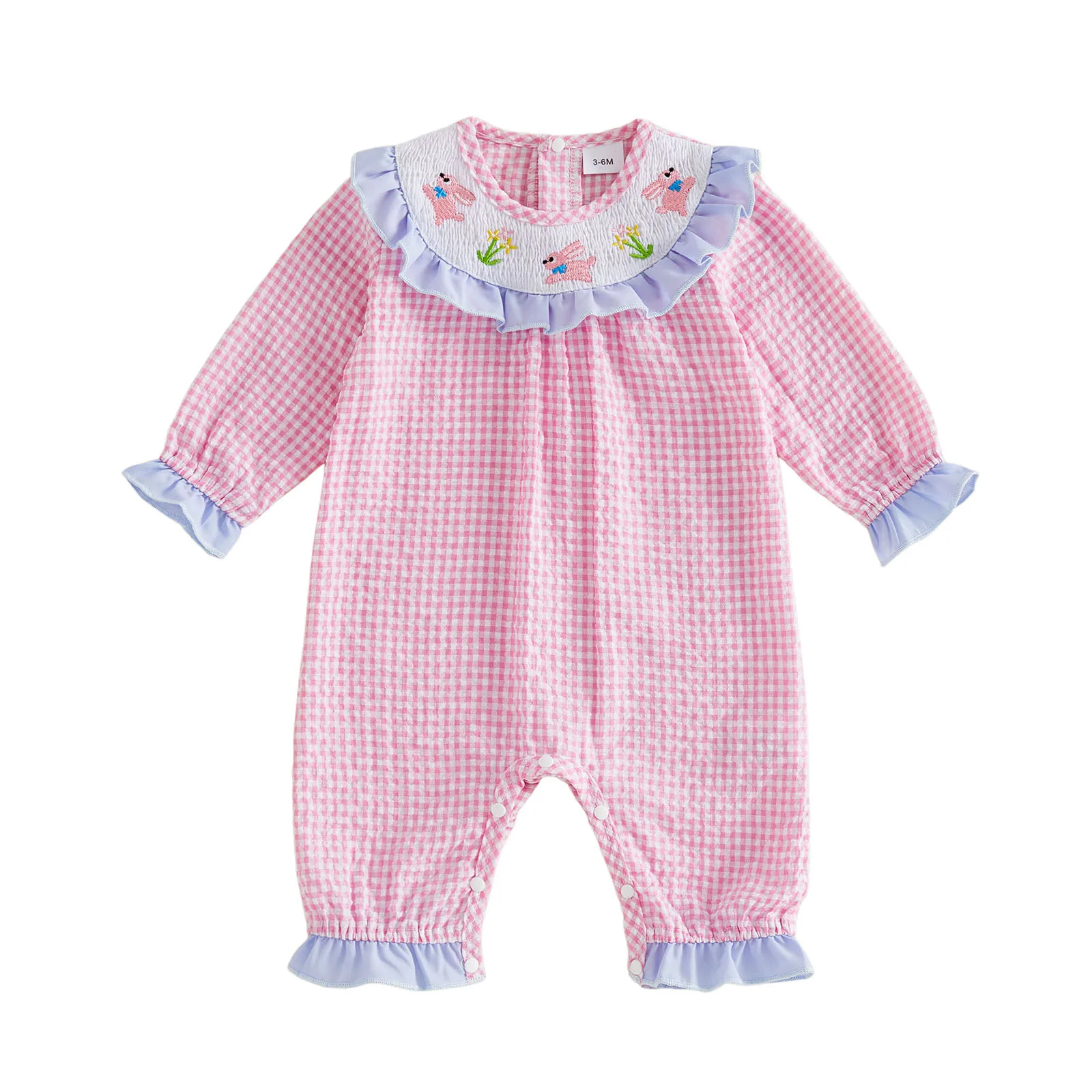 

Baby Girl Easter Bubble Romper Plaid Bunny Bow Embroidered Long Sleeve Ruffle Trim Jumpsuit for Summer Spring