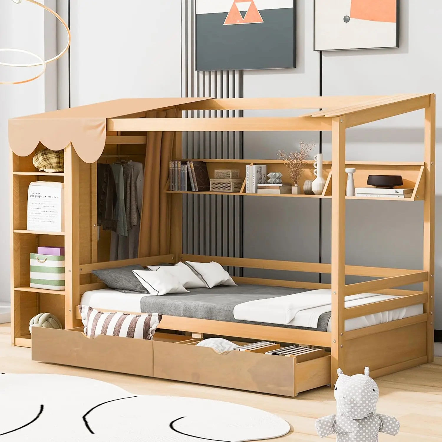 Merax Estructura de cama de tamaño doble con 2 cajones, armario incorporado, estantes de almacenamiento, barandilla y cortina, cama de madera para niños