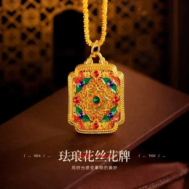 

9999 Real Gold 24K Ethnic Wind Filigree Filigree Burnt Blue Flower Brand Pendant Heritage Enamel Cloisonne Necklace
