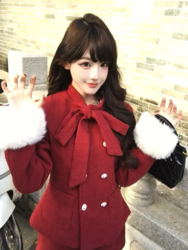 

Красный зимний модный комплект с узлом, шерстяным джатом и юбкой Ele Lady Sle, новогодний наряд, женский костюм