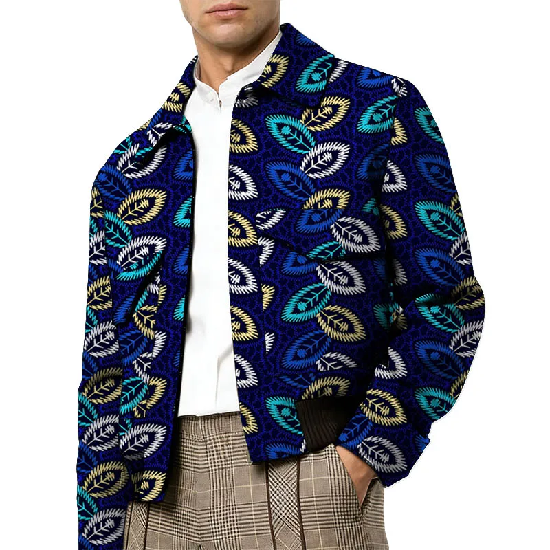 

Custom Men's African Design Short Coat Nigerian Print Turn down Collar Jacket with Large Pockets Male Ankara Couture Outfit