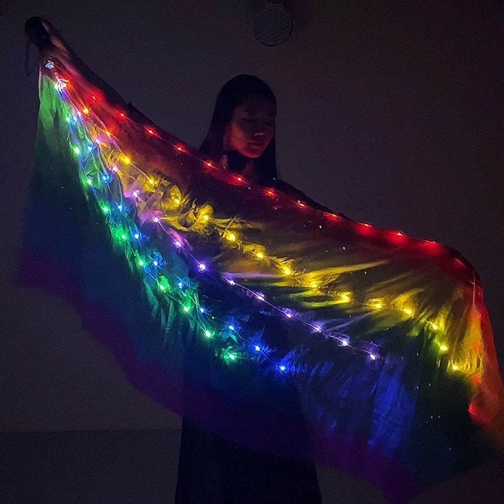 LED Light Silk Veils for Performance, Rainbow Color, Rectangle Veil, Belly Dance, Circus Costumes, Festival Show, Accessories