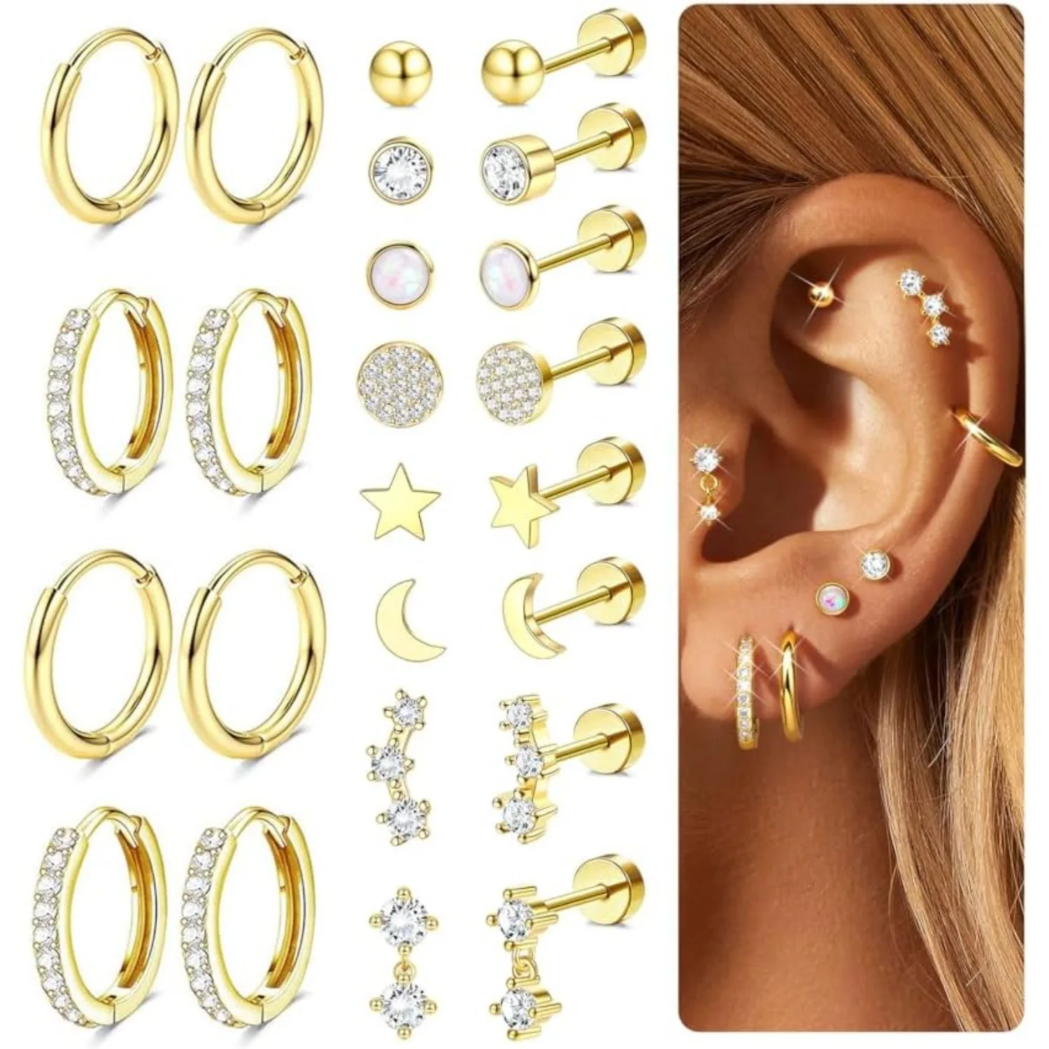 

Bobisty 12Pairs Flat Back Earrings for Women 316L Surgical Steel Stud Hoops Earring Stack Set Cartilage Helix Piercing Jewelry