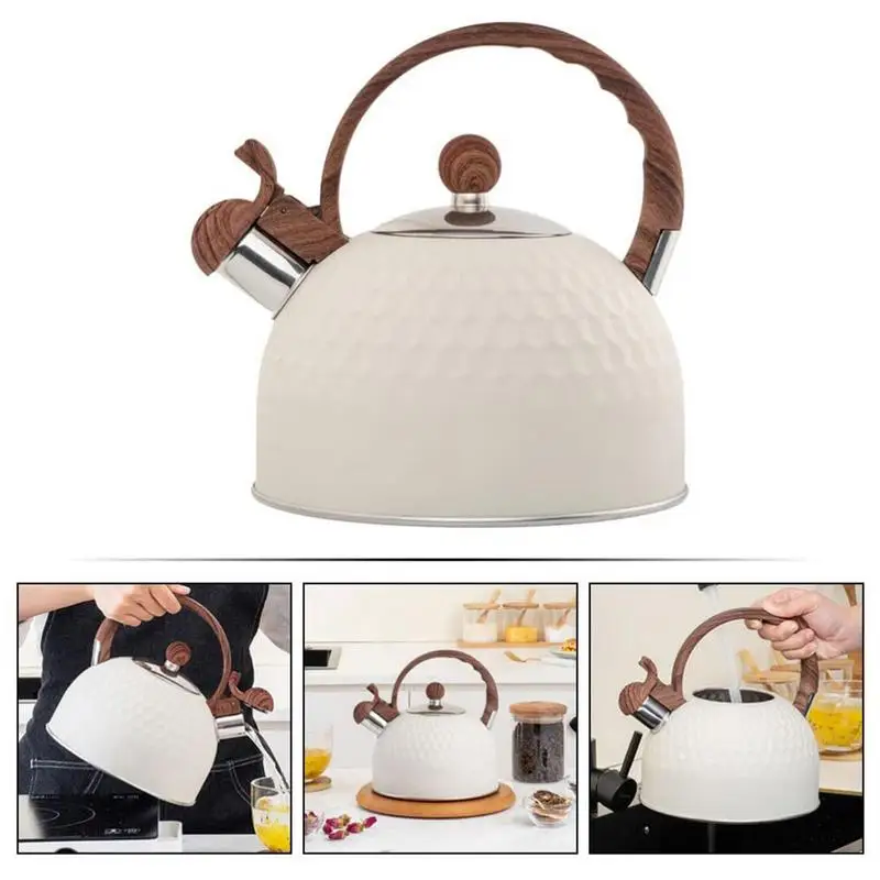 Whistling Teapot White Stainless Steel Tea Kettle 2.5L Multipurpose Household Tools With Rubber-Wrapped Handle For Boiling Water