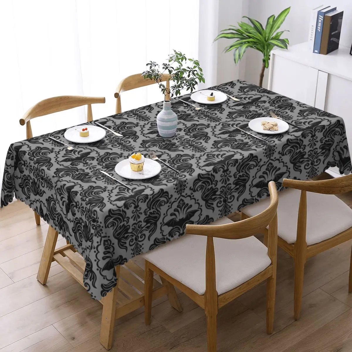 Custom Rectangular Waterproof Oil-Proof Halloween Spooky Bat Damask Tablecloth Table Covers 40