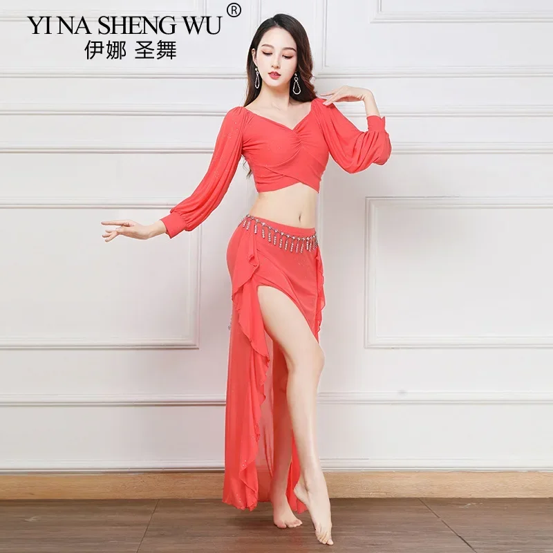 Belly Dance Costume Set Women 2pcs Black Top Gauze Skirt Oriental Practice Professional Performance Training Outfit
