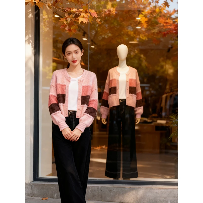 

Женский вязаный кардиган с открытым передом, осенне-зимний дизайн, в полоску, с цветовыми блоками, свитер-жакет, сочетающийся с черными джинсами, мягкий, стильный