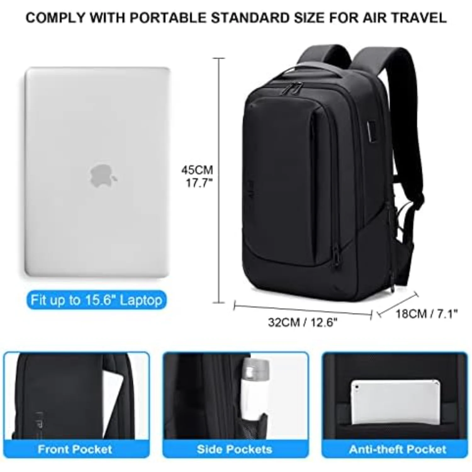 FENRUIEN Business Travel Laptop Backpack 15.6 Inch, Expandable Water Resistant with USB Port and for College/Work