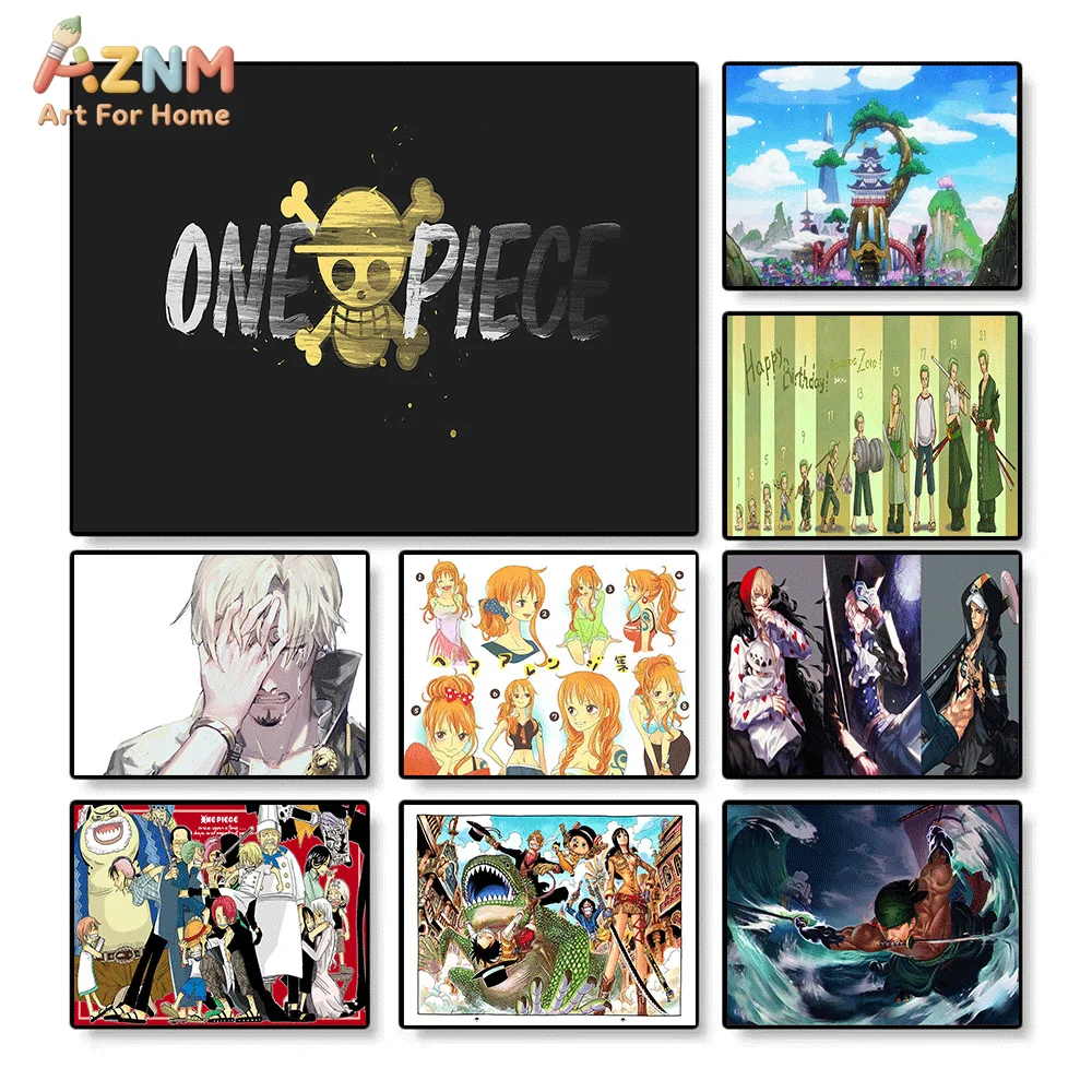 AZNM Lienzo Decorativo de Anime One Piece con Logo de Calavera, Personajes de Sanji, Nami, Roronoa Zoro y el Grupo del País de Wano, Impresión HD sin Marco