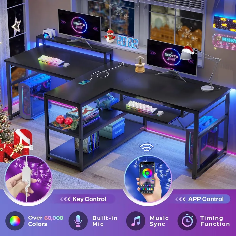 94.5" Office Computer Desk, 2 Person Gaming Desk with Storage, LED Lights, Keyboard Tray, Power Strip with USB & Monitor Stand,