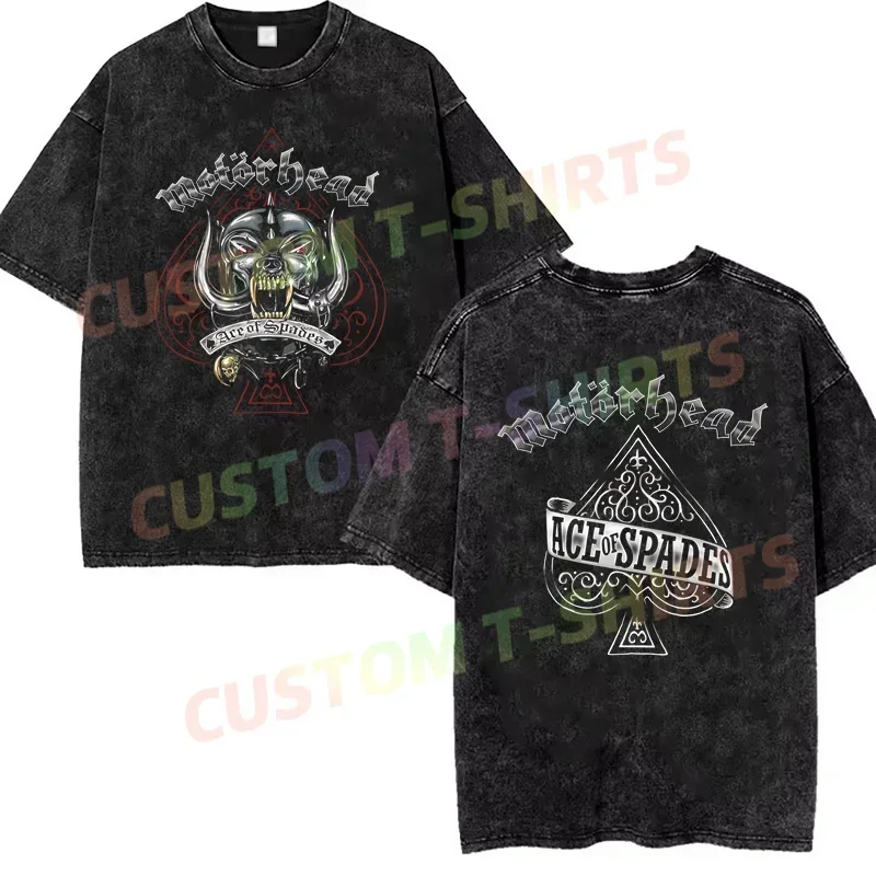 

Summer Vintage Cotton Washed Ace of Spades Tattoo Motor T-Shirt Black By Head Loose T Shirts Men Y2K Hip Hop Top Tee