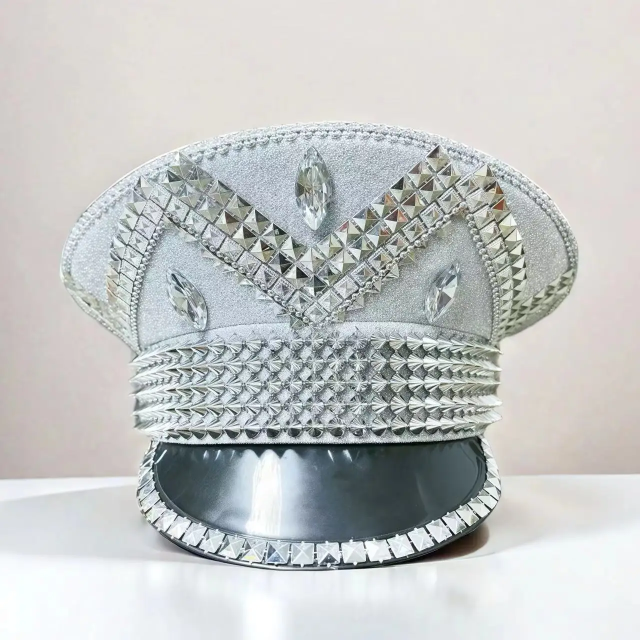 HongLuan Yellow Laser Leather Loop Captain Hat Rhinestone & Military Caps for Woman, Rave Festivals Accessories ＆ Party Cap Man