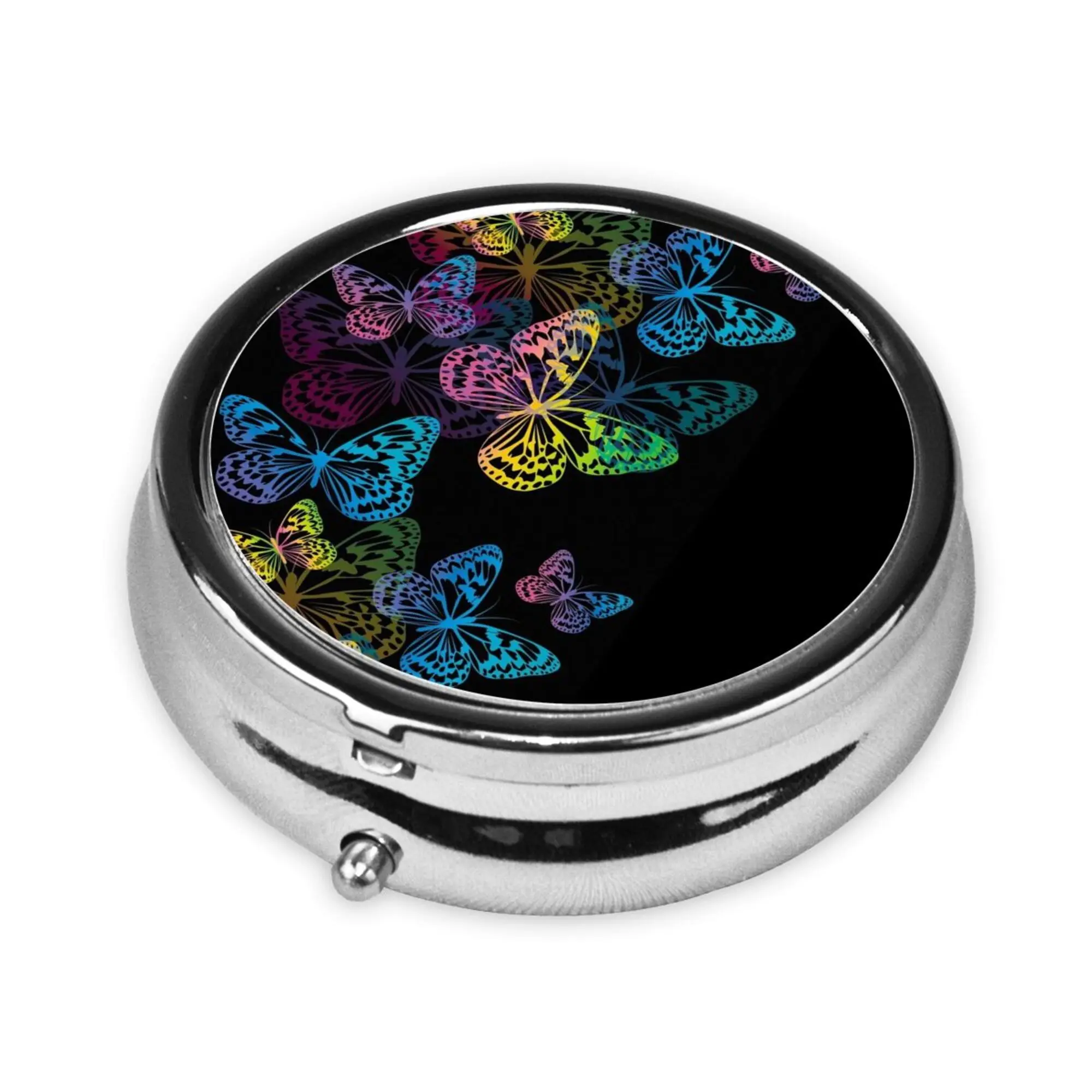 Butterflies Pill Box Purse Pocket Small Round Silver Pill Case Decorative Box Metal Medicine Vitamin Pill Organizer Portable