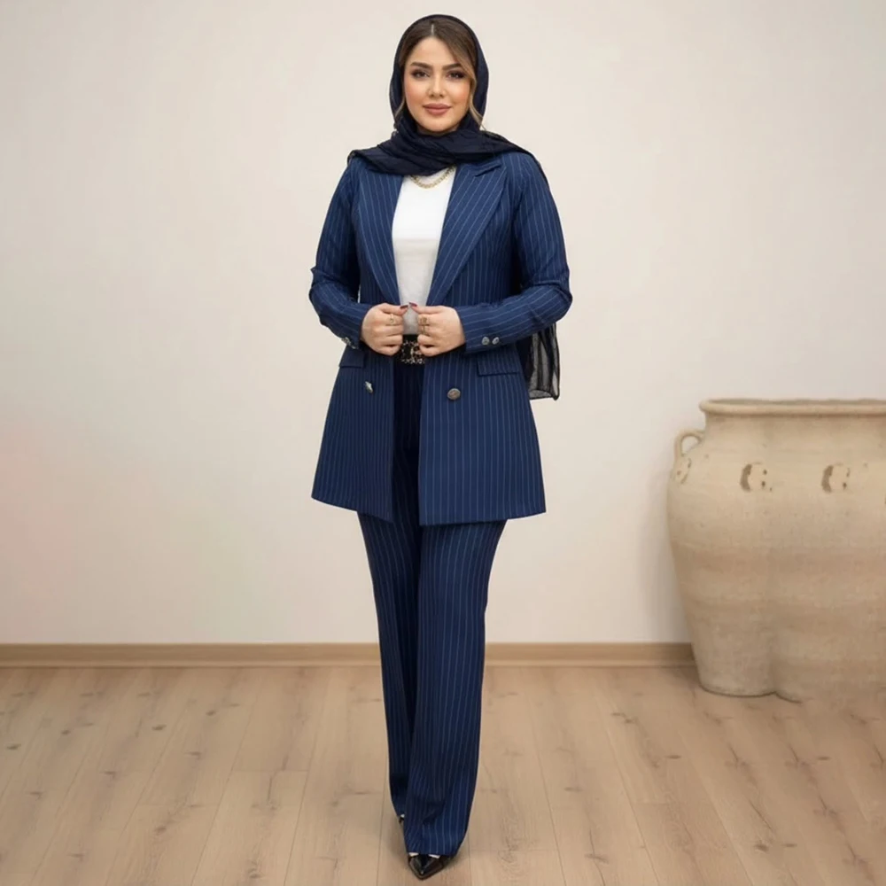 

Luxury Dubai Women's Clothing Suits Pinstripe Peak Lapel Customzied 2 Piece Jacket Pants Outfits Elegant Female Full Sets