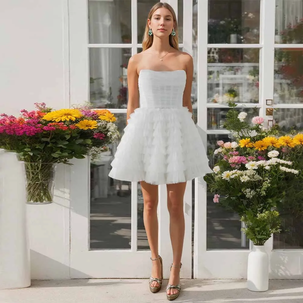 

Mini Civil Wedding Dresses Exquisite Net A-line Wedding Party Dress White Strapless Tiered Ruffles Short Bridal Gown 2025