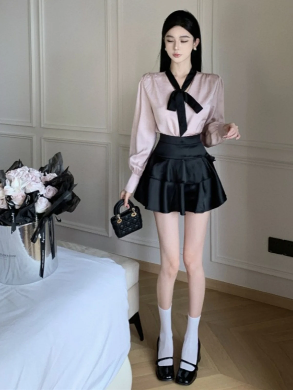 

Elegant Satin Long Sleeve Women's Outfit Summer Cake Short Skirt Midi Skirt Comfortable Fashionable Chic Cotton Blend Fabric