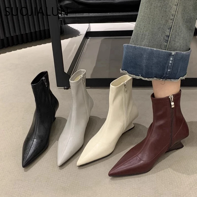 SUOJIALUN 2024 Winter New Brand Women Ankle Boots Fashion High Wedge Heel Ladies Elegant Short Boots Pointed Toe Dress Pumps Sho