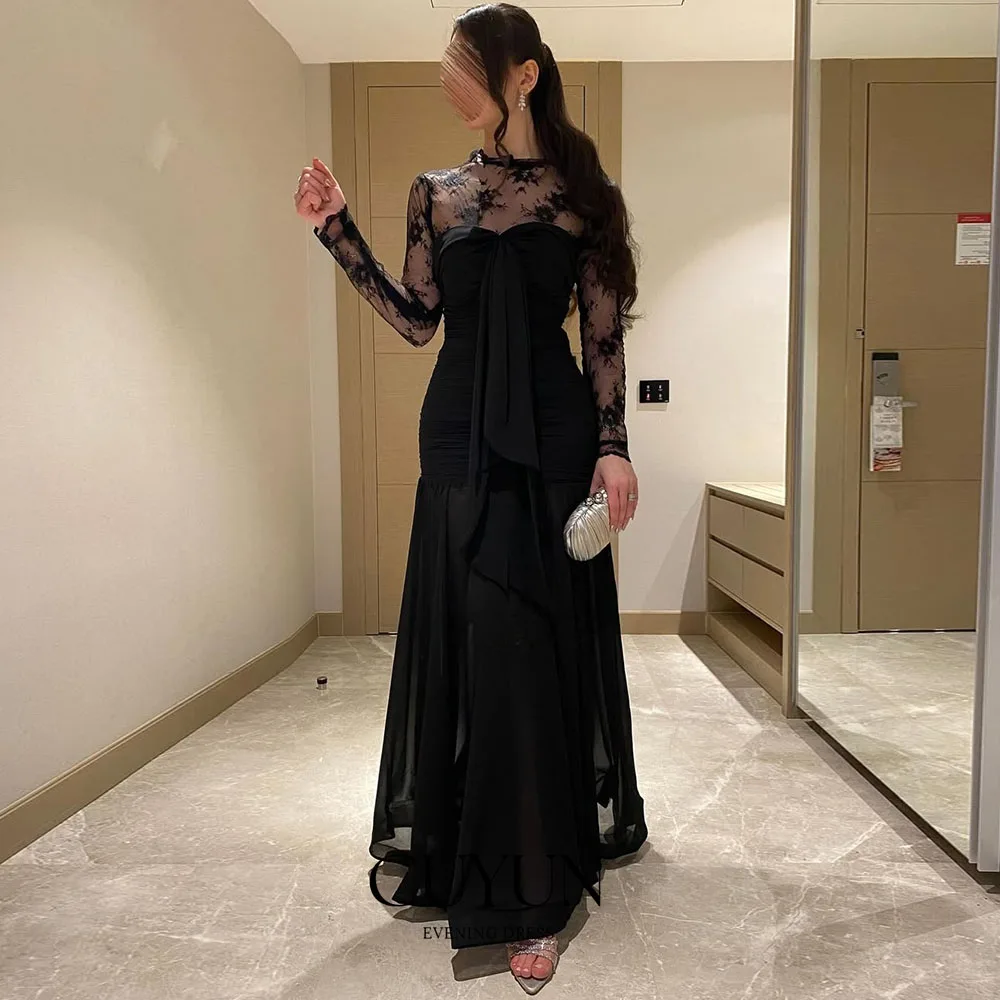 

CUYUN Customized Black Prom Dresses 2026 Woman Lace Patchwork Long Sleeves Elegant Party Dresses for Special Occasion Dinner