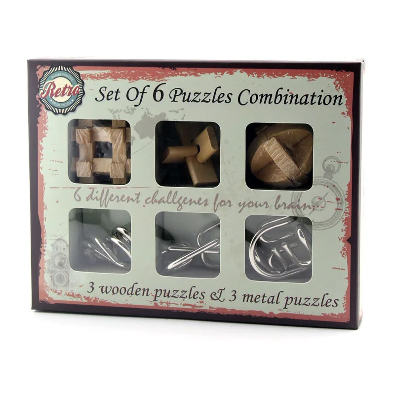 Wooden Puzzles mix 3D Metal Puzzles 6PCS/Set Combination Kong Ming Lock Wire Intelligence Buckle Interlocked IQ Collection Toys