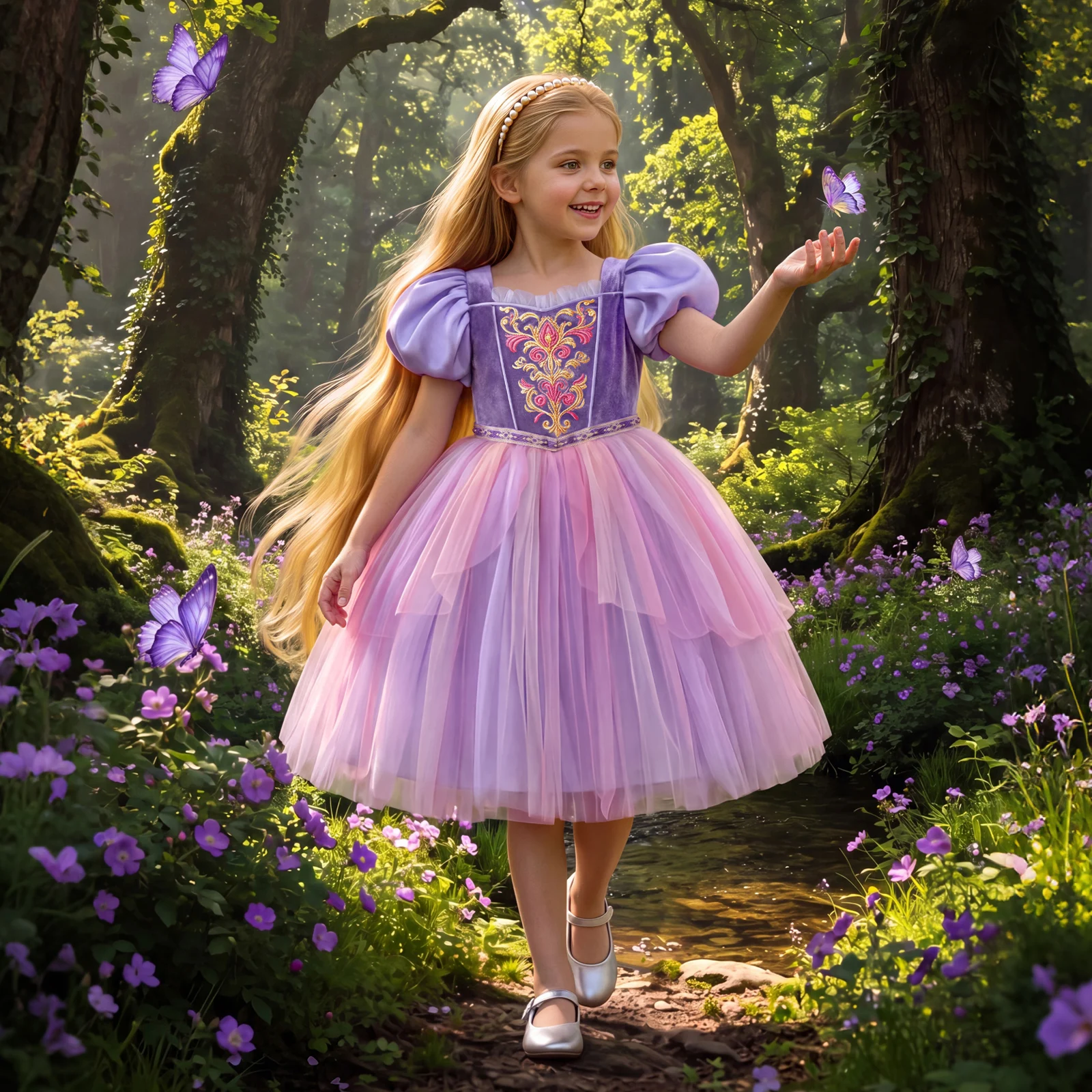 Girls' Fairy Tale Rapunzel Dress Birthday Party Host Piano Performance Dress Children's Halloween Puff Sleeve Dress