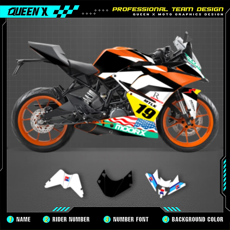 

Queen X MOTOR Graphics Decals Stickers Kits For KTM RC 2014 2015 2016 RC250 390 Motorcycle Accessories Numer Name Custom 002