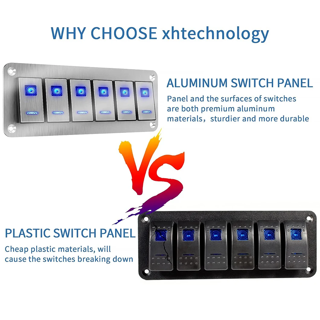 ABILKEEN ON-OFF 6 Gang Aluminum Rocker Switch Panle with Dual LED Light DC12-24V Car RV Truck Boat Modification Waterproof Panel