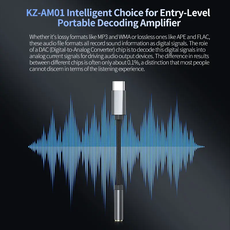 KZ AM01 Type-C To 3.5mm Audio Adapter 32bit/384kHz Hi-Fi DAC + IC Amplifier Dual Chip Earphone Audio Cable