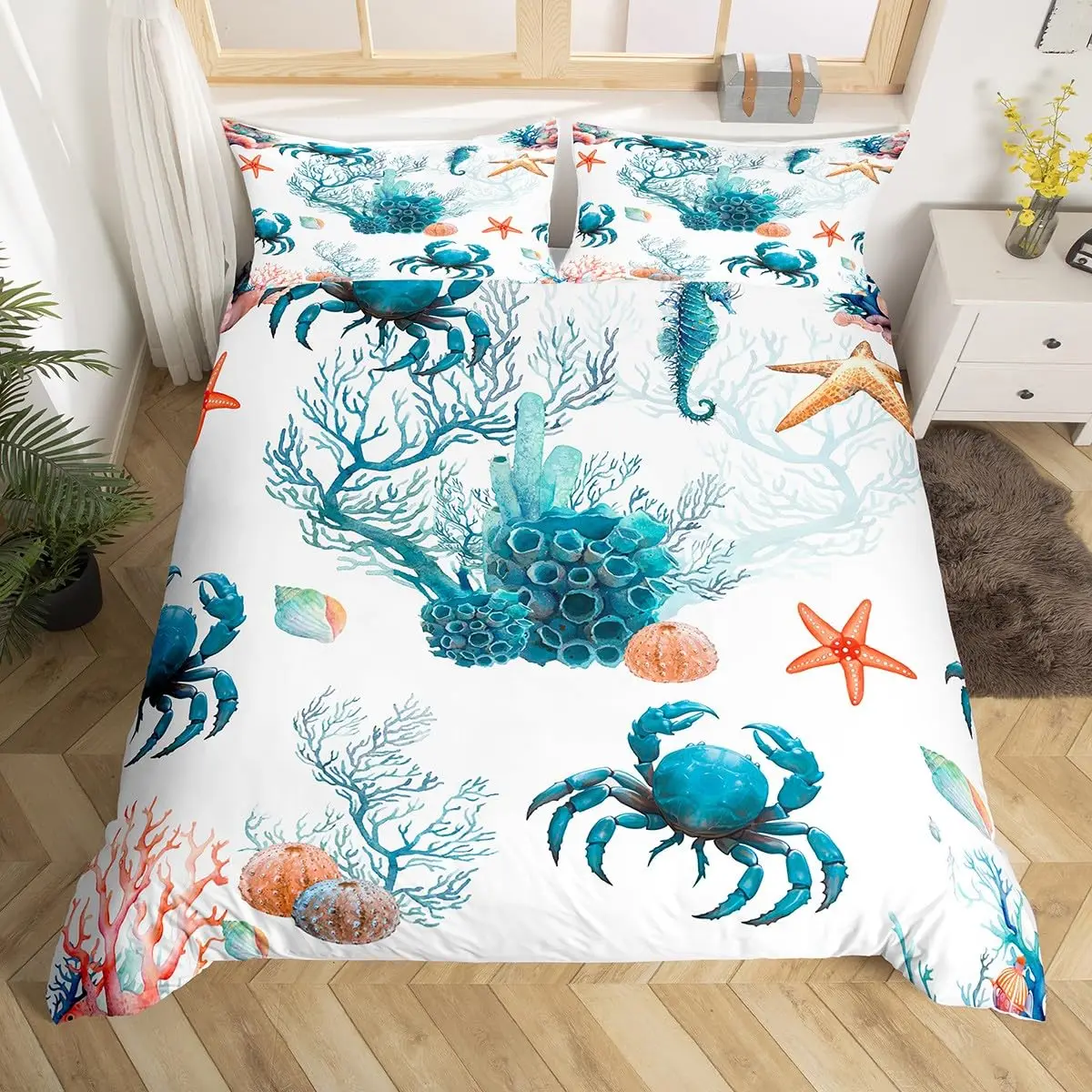 Crab Bedding Set Ocean Creature Themed Duvet Cover Sea Underwater World Comforter Cover Marine Life Sealife Blue Quilt Cover