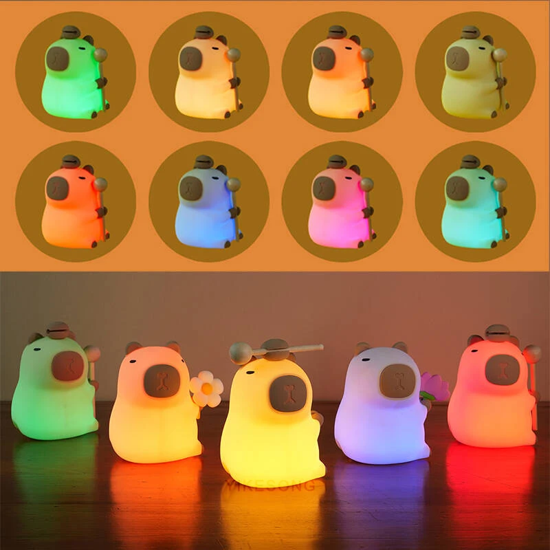 LED Night Lights for Children Bedroom Cute Animal Mango Capybara Lamp Touch Sensor Dimmable USB Rechargeable RGB Timing Gift