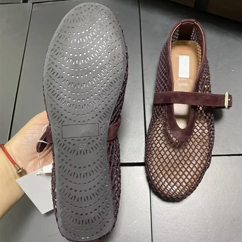 Designer Brand Original French Fishing Net Ballet Shoes Women's Flat Sole Single Shoes Genuine Leather Mary Jane Shoes