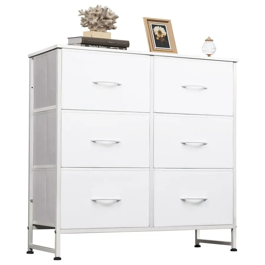 

White Dresser for Bedroom, 6 Drawer Double Dresser, Fabric Storage Tower with Fabric Bins, Chest of Drawers for Closet, Living R