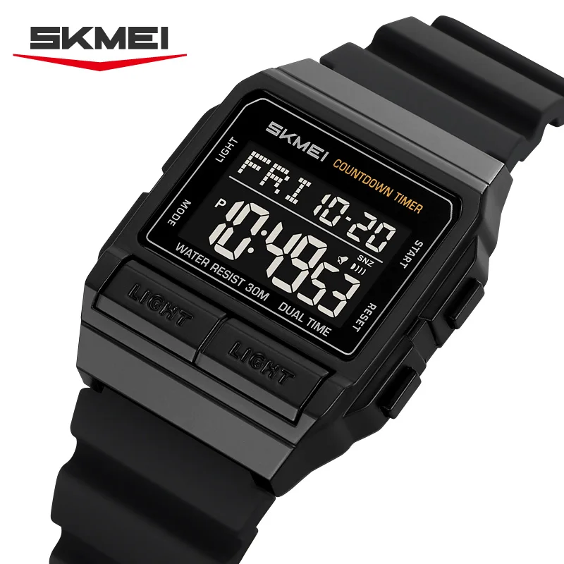 

SKMEI 2475 Countdown for Men Women Unisex Digital Watch, Gold Square Case Stainless Steel/Silica Gel Band EL Light Chrono Alarm