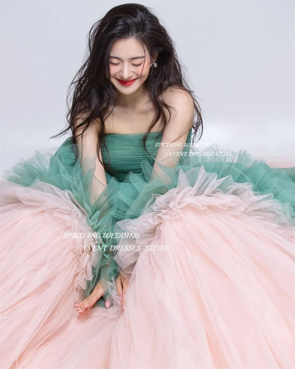 SPRAYING Luxury Strapless Pleat Evening Dress Korea Wedding Photo Shoot Dress Long Tiered Ruffles Party Dress Corset Customized