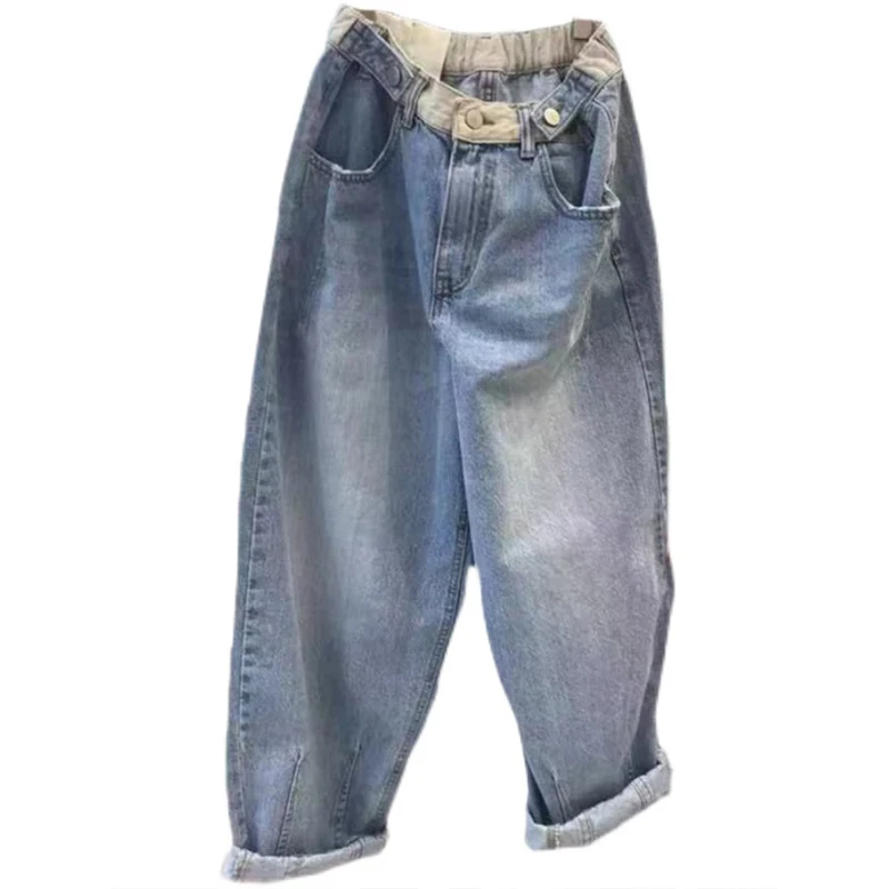 8874 nieuwe collectie noodlijdende trendy streetwear jeans voor dames lente hoge taille rits rechte casual losse blauwe denim broek