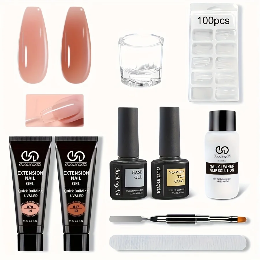 

Набор полигелей для ногтей в двух оттенках: включает гибридный гель-желе для наращивания, лампу для сушки, средство для размягчения, базовое и топовое покрытие, гель-лак.