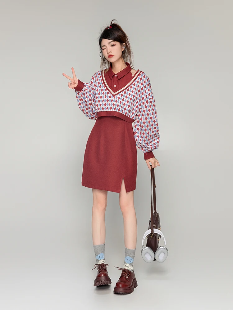 2024 Spring Summer Fashionable Single Row Button Dress Two-Piece Sets Women Color Plaid Short Top Sleeveless Lapel Halter Dress