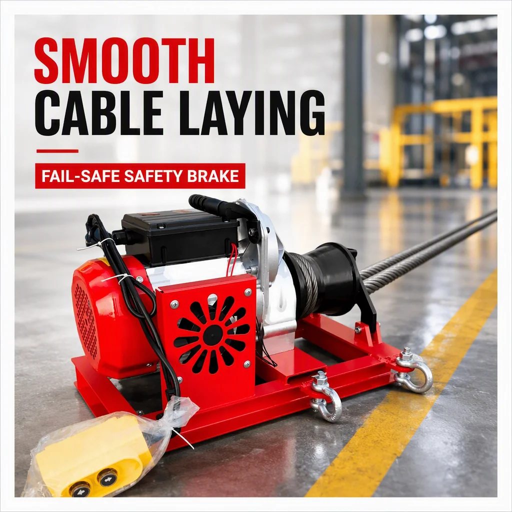 YILI Compact Electric Capstan Cable Winch Mobile Motor Drum Puller Pendant Remote Red Steel Rack Powered Work Stringing Job Gear