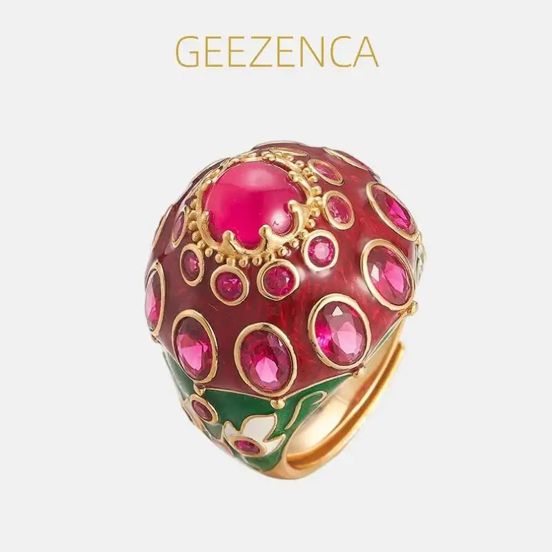 

GEEZENCA Vintage Luxury 925 Silver 18K Gold Red Corundum Enamel Ring Women Cloisonne Wide Surface Cocktail Rings 2024 New Gift
