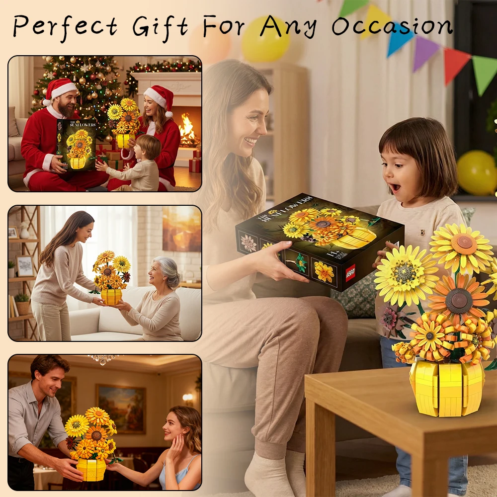 

DIY 1009 PCS Sunflower Building Blocks Kids Adults Flower Bouquet Vase Model Bricks Valentine Holiday Home Decoration Toys Gifts