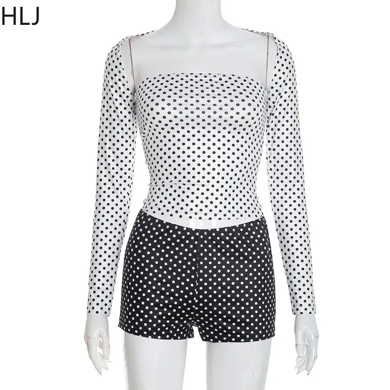 HLJ Fashion Y2K Комплекты из трех предметов с принтом в горошек Женский топ с длинными рукавами + жилет + шорты Одежда Летняя ретро Новая одинаковая уличная одежда